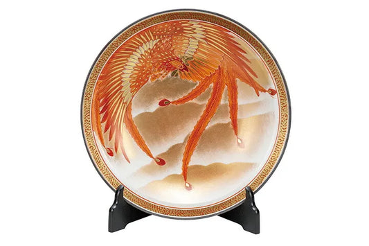 JAPANESE KUTANI WARE KINRANDE PHOENIX DECORATIVE PLATE – HAND-PAINTED BY YOSHINORI FUKUDA, WITH DISPLAY STAND, WOODEN BOX