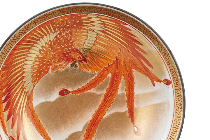 JAPANESE KUTANI WARE KINRANDE PHOENIX DECORATIVE PLATE – HAND-PAINTED BY YOSHINORI FUKUDA, WITH DISPLAY STAND, WOODEN BOX