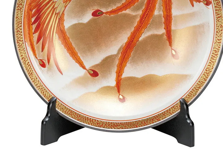 JAPANESE KUTANI WARE KINRANDE PHOENIX DECORATIVE PLATE – HAND-PAINTED BY YOSHINORI FUKUDA, WITH DISPLAY STAND, WOODEN BOX
