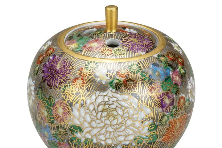KUTANI WARE MINI INCENSE BURNER – HONKIN HANAZUME (GOLD FLORAL) BY SHINZAN  IN WOODEN BOX