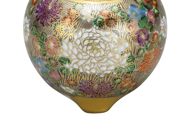 KUTANI WARE MINI INCENSE BURNER – HONKIN HANAZUME (GOLD FLORAL) BY SHINZAN  IN WOODEN BOX