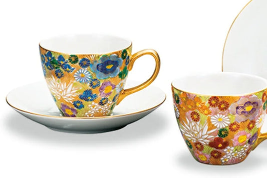 KUTANI WARE PAIR OF CUPS & SAUCERS KIN HANA-ZUME