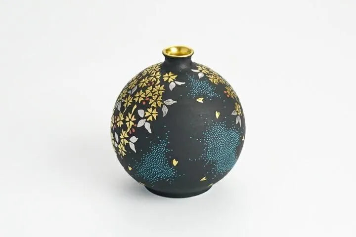 KUTANI WARE FLOWER VASE – SHIROKIN-MORI WEEPING CHERRY BLOSSOMS WITH AO-CHIBU BY KINGYOKU NAKATA