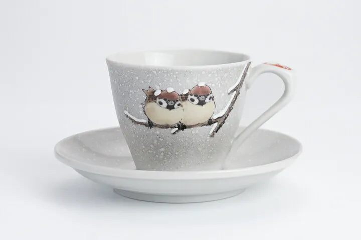 JAPANESE KUTANI COFFEE CUP & SAUCER SET – TWO SPARROWS IN SNOW MOTIF BY TOSHITO NAKAMURA
