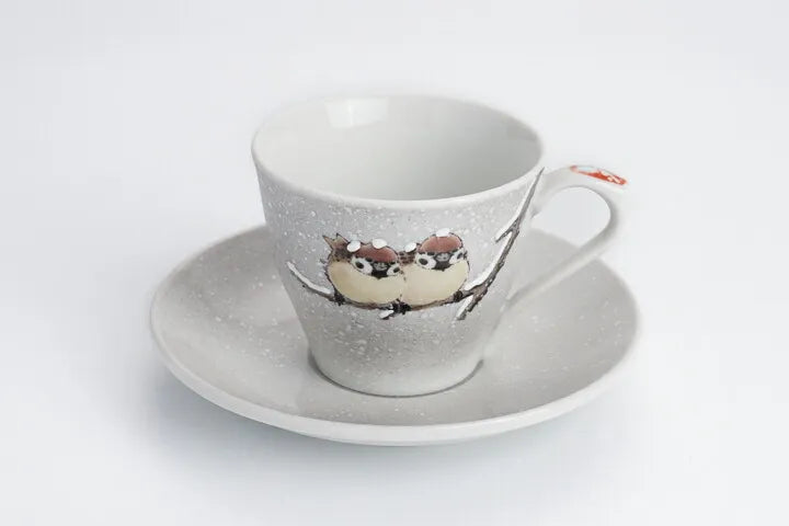 JAPANESE KUTANI COFFEE CUP & SAUCER SET – TWO SPARROWS IN SNOW MOTIF BY TOSHITO NAKAMURA