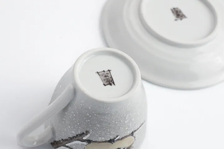 JAPANESE KUTANI COFFEE CUP & SAUCER SET – TWO SPARROWS IN SNOW MOTIF BY TOSHITO NAKAMURA