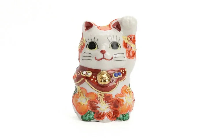 KUTANI WARE LUCKY CAT(MANEKI NEKO) HIBISCUS RAISED LEFT PAW