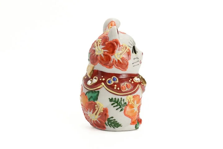 KUTANI WARE LUCKY CAT(MANEKI NEKO) HIBISCUS RAISED LEFT PAW