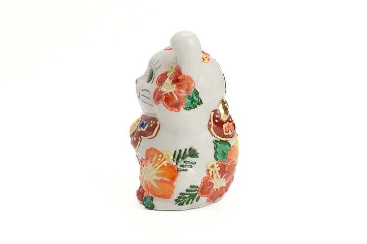 KUTANI WARE LUCKY CAT(MANEKI NEKO) HIBISCUS RAISED LEFT PAW