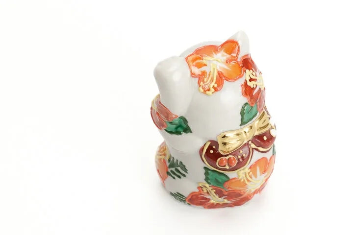 KUTANI WARE LUCKY CAT(MANEKI NEKO) HIBISCUS RAISED LEFT PAW