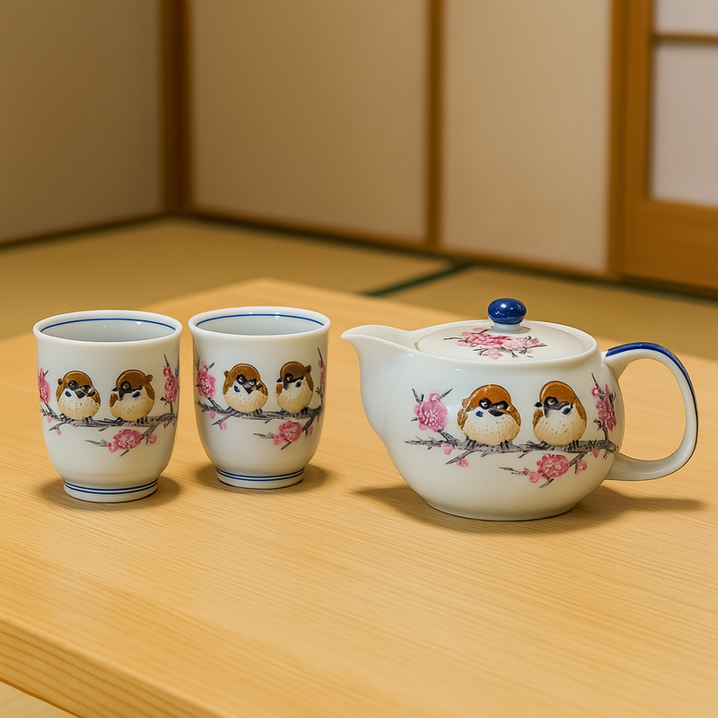 JAPANESE TEAPOT SET KUTANI SPARROW (WITH NET COVER)