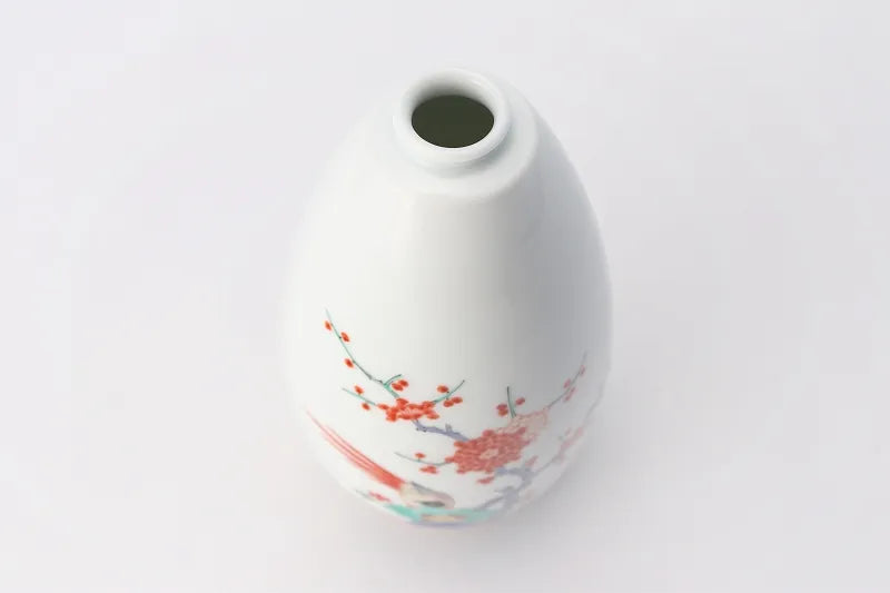 ARITA WARE HANGING BELL-SHAPED SINGLE FLOWER VASE “UME & BIRD” DESIGN – KAKIEMON KILN (MEDIUM)