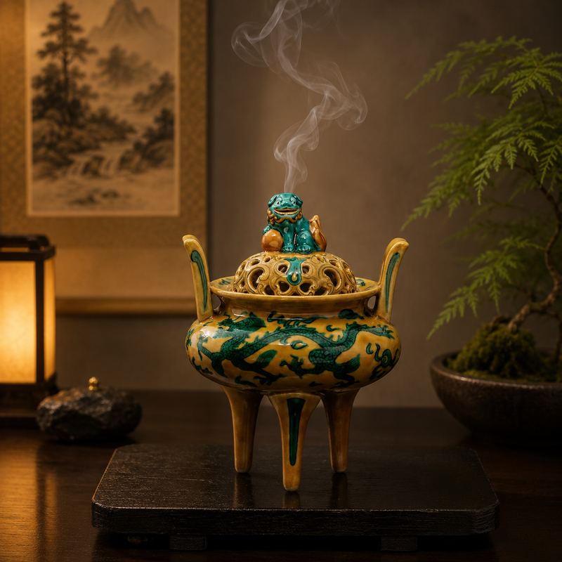 KUTANI WARE INCENSE BURNER “DRAGON IN YELLOW GLAZE” HANDCRAFTED BY TAMEKICHI MITSUI