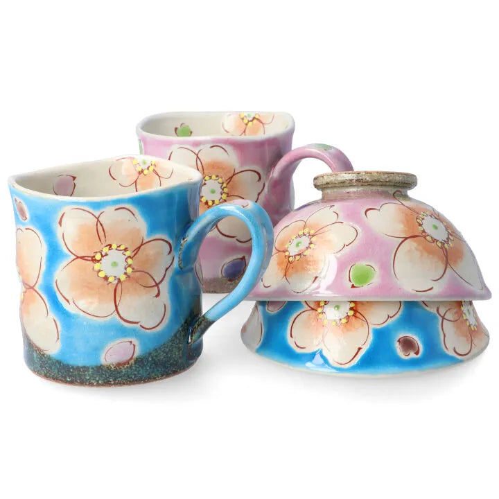 KUTANI WARE RICE BOWL & MUG PAIR SET (4-PIECE) – HANA URARA (TURQUOISE & PINK) KOKUZOU KLIN