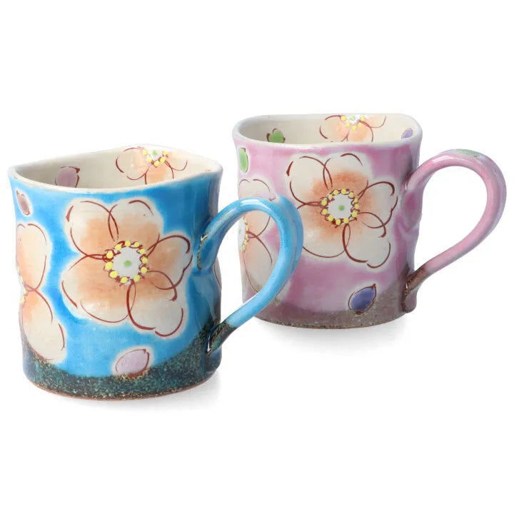 KUTANI WARE RICE BOWL & MUG PAIR SET (4-PIECE) – HANA URARA (TURQUOISE & PINK) KOKUZOU KLIN