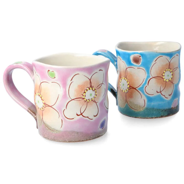 KUTANI WARE RICE BOWL & MUG PAIR SET (4-PIECE) – HANA URARA (TURQUOISE & PINK) KOKUZOU KLIN