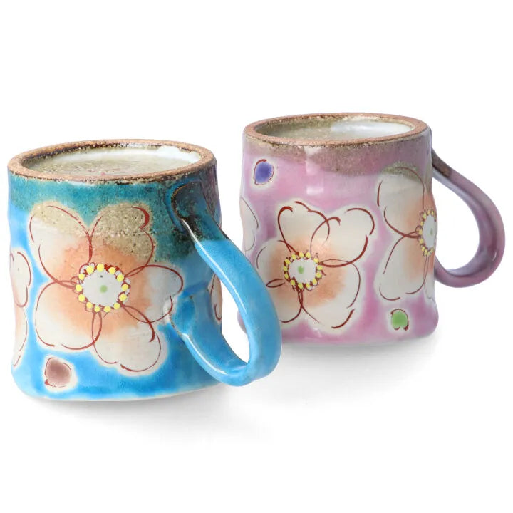 KUTANI WARE RICE BOWL & MUG PAIR SET (4-PIECE) – HANA URARA (TURQUOISE & PINK) KOKUZOU KLIN