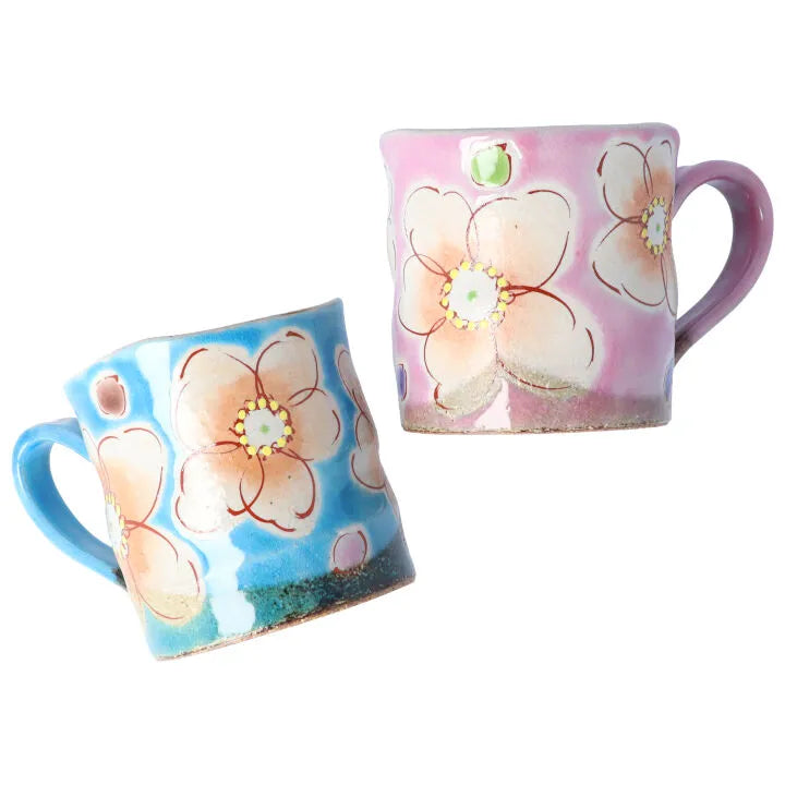 KUTANI WARE RICE BOWL & MUG PAIR SET (4-PIECE) – HANA URARA (TURQUOISE & PINK) KOKUZOU KLIN