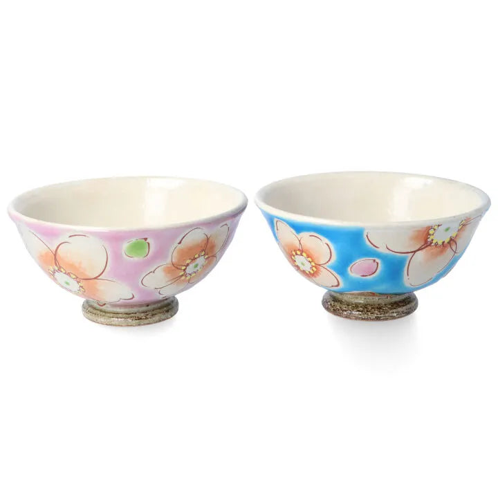KUTANI WARE RICE BOWL & MUG PAIR SET (4-PIECE) – HANA URARA (TURQUOISE & PINK) KOKUZOU KLIN