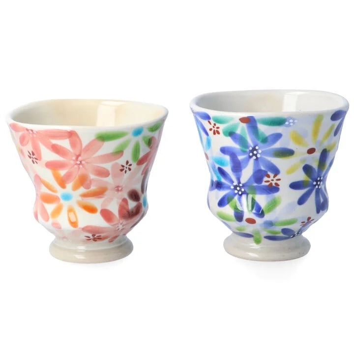 KOKUZOU KLIN/ KUTANI RICE BOWL & TEACUP PAIR 4-PIECE SET HANA NO UTAGE (BLUE & RED)