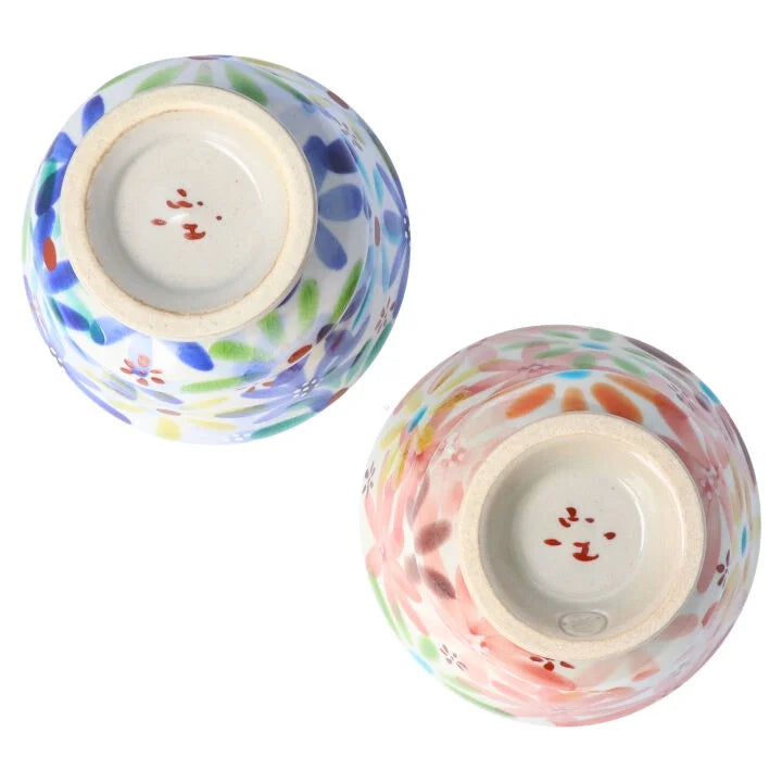 KOKUZOU KLIN/ KUTANI RICE BOWL & TEACUP PAIR 4-PIECE SET HANA NO UTAGE (BLUE & RED)