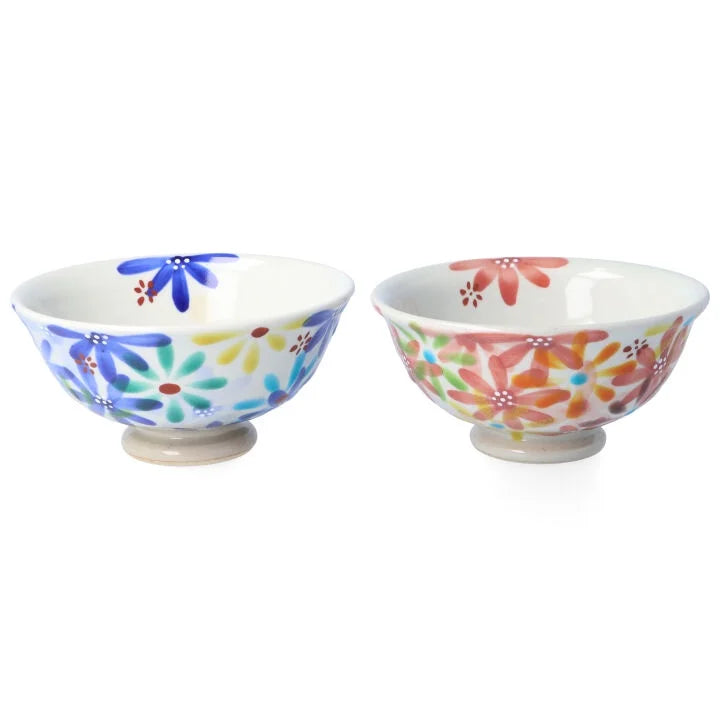 KOKUZOU KLIN/ KUTANI RICE BOWL & TEACUP PAIR 4-PIECE SET HANA NO UTAGE (BLUE & RED)