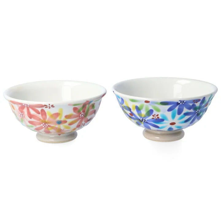 KOKUZOU KLIN/ KUTANI RICE BOWL & TEACUP PAIR 4-PIECE SET HANA NO UTAGE (BLUE & RED)