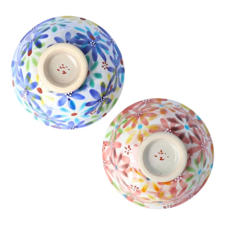 KOKUZOU KLIN/ KUTANI RICE BOWL & TEACUP PAIR 4-PIECE SET HANA NO UTAGE (BLUE & RED)