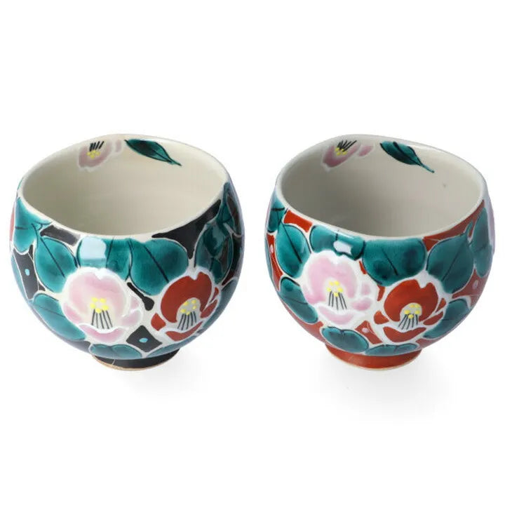 KUTANI WARE PAIR OF IPPUKU TEA CUPS “IROE MUSŌ CAMELLIA” (BLACK & RED) – KOKUZOU KILN