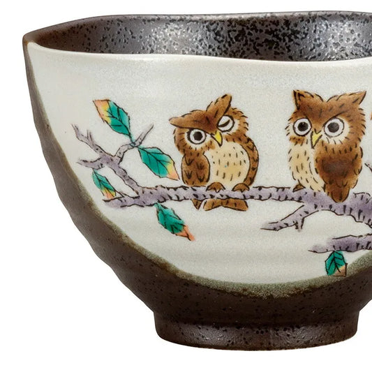 KUTANI WARE OWL OCHAZUKE BOWL | JAPANESE CERAMIC TEA RICE BOWL | MADE IN JAPAN