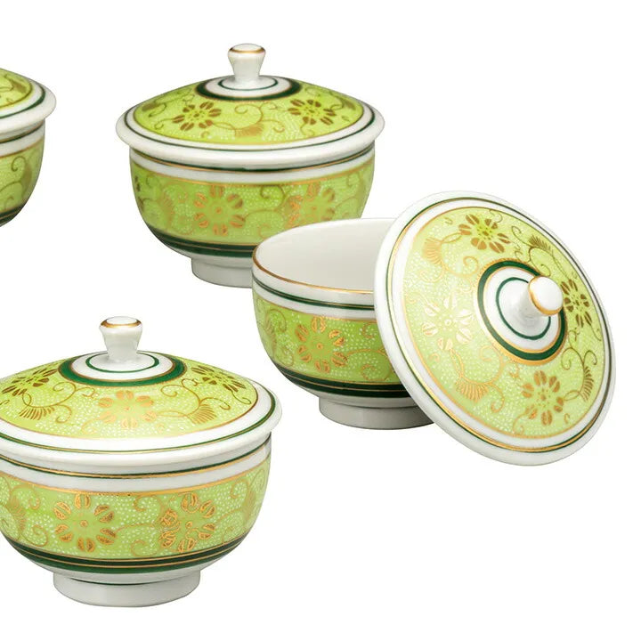 KUTANI WARE LIDDED TEA CUP SET – SHIROCHIBU TESSEN GREEN (GIFT BOXED)