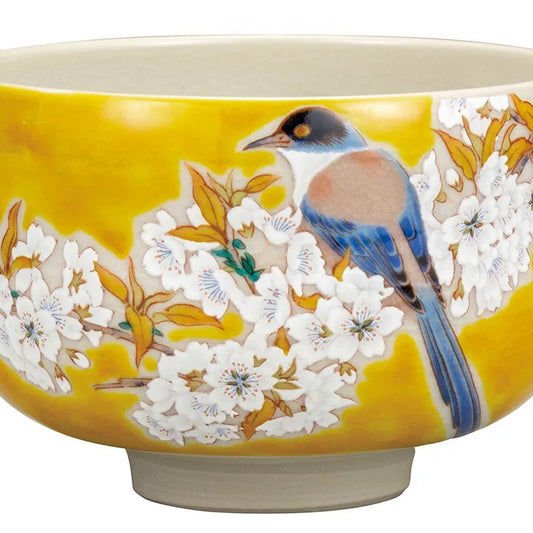 KUTANI JAPANESE MATCHA BOWL-YOSHIDAYA STYLE SAKURA AND BIRD DESIGN