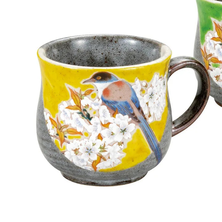 JAPANESE KUTANI WARE PAIR MUG CUPS – WILD CHERRY BLOSSOMS AND BIRD DESIGN