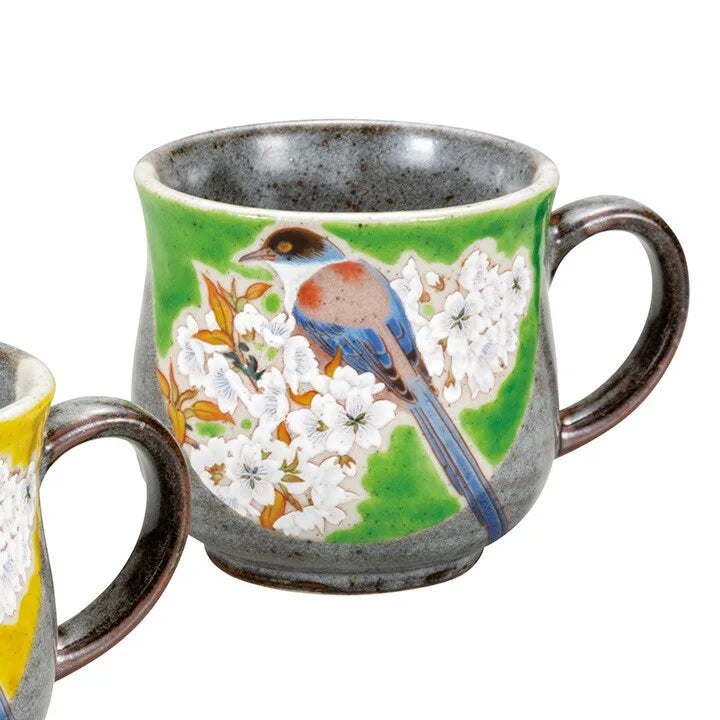 JAPANESE KUTANI WARE PAIR MUG CUPS – WILD CHERRY BLOSSOMS AND BIRD DESIGN