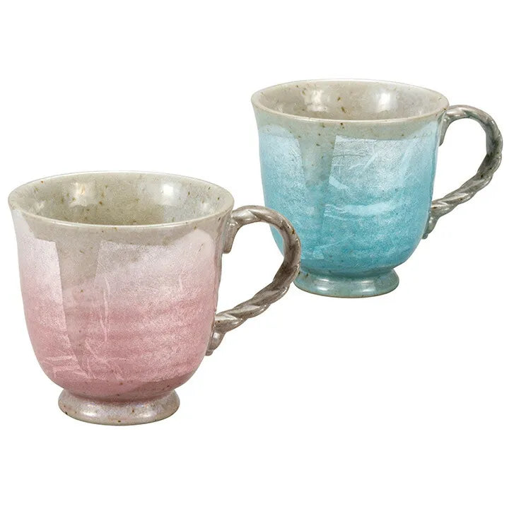 KUTANI WARE PAIR MUG CUPS – JAPANESE PORCELAIN MUGS WITH GINSAI SILVER GLAZE, HAND-PAINTED TRADITIONAL KUTANI