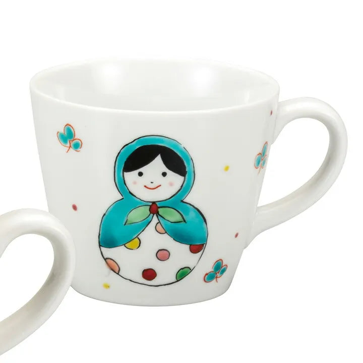 KUTANI WARE PAIR OF MUGS – JAPANESE PORCELAIN MATRYOSHKA DOLL DESIGN
