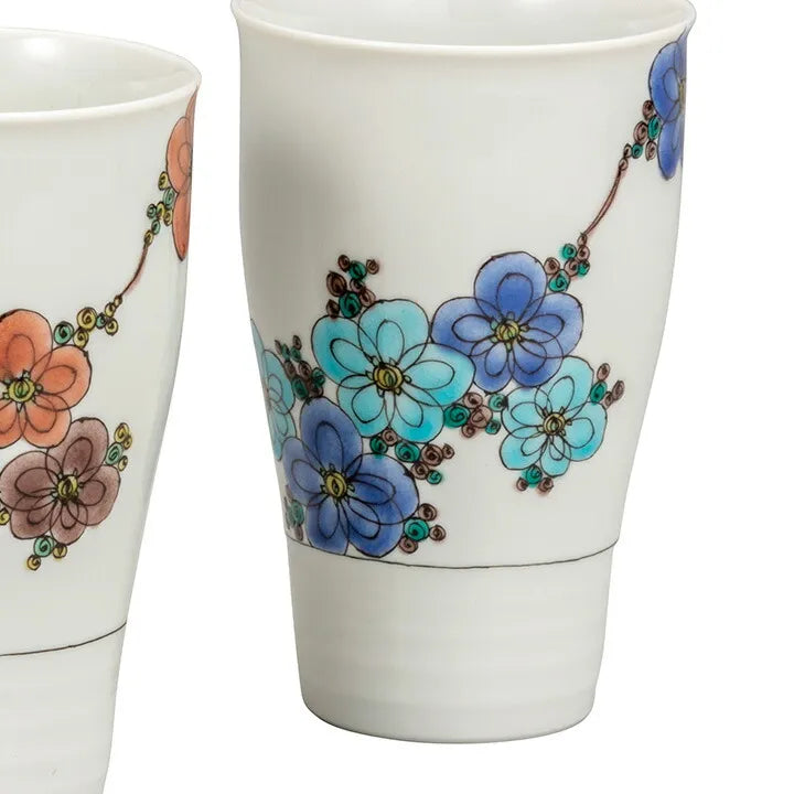 KUTANI WARE PAIR OF FREE CUPS FLORAL TREES/ KINUYO OKADA