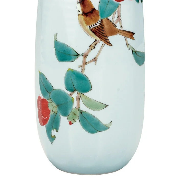 KUTANI JAPANESE FLOWER VASE CAMELLIA AND SPARROW/ RYUZAN YAMADA