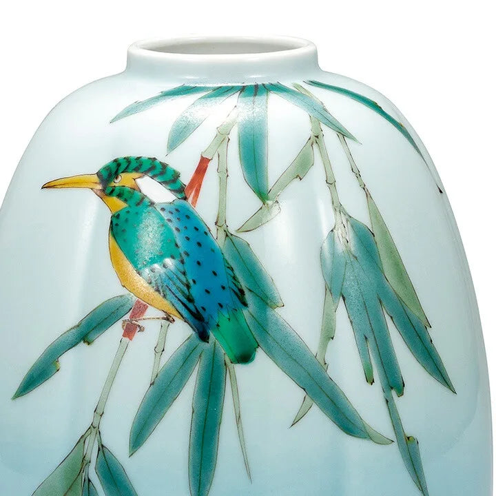 KUTANI WARE FLOWER VASE KINGFISHER ON BAMBOO/ RYUZAN YAMADA