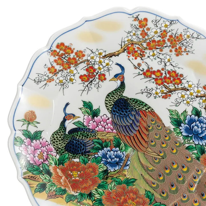 JAPAN KUTANI DECORATIVE PLATE - PEONY AND PEACOCK (WITH PLATE STAND)