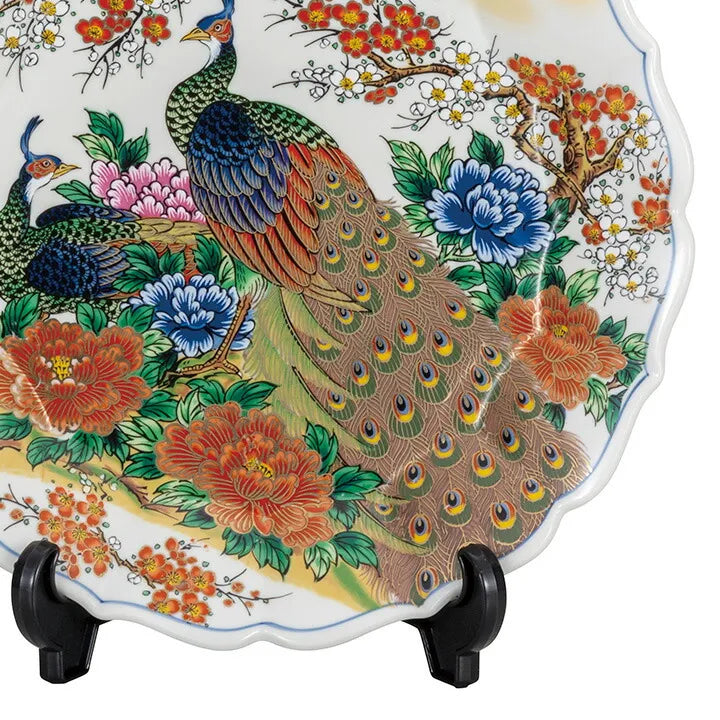 JAPAN KUTANI DECORATIVE PLATE - PEONY AND PEACOCK (WITH PLATE STAND)