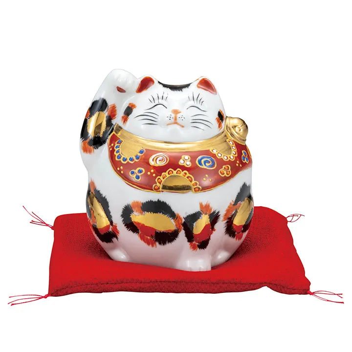 KUTANI WARE MANEKI NEKO LUCKY CAT – GOLDEN CALICO WITH CUSHION