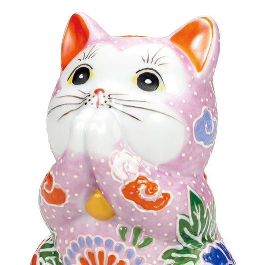 KUTANI WARE  LUCKY CAT(MANEKI NEKO) PRAYING CAT PINK MORI