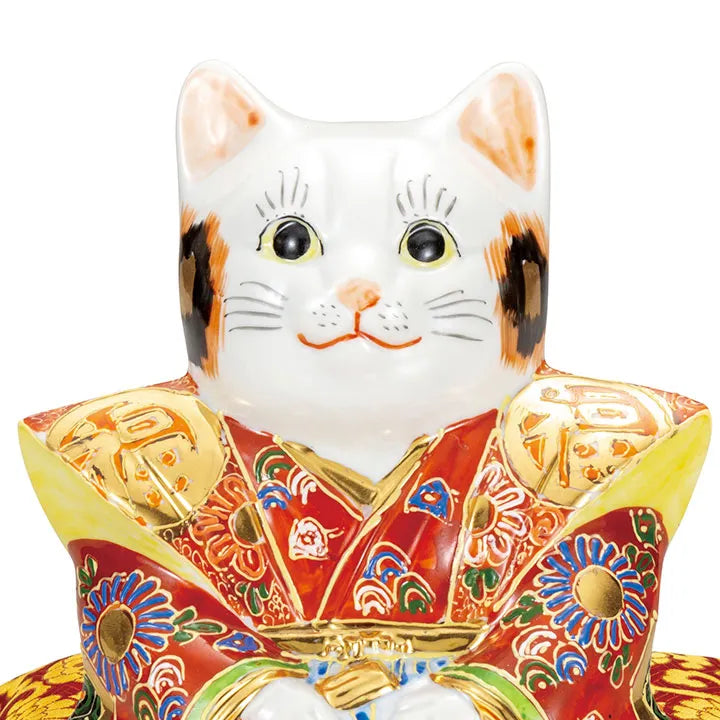 KUTANI WARE FUKUSUKE LUCKY CAT WITH MORI DECORATION & DECORATIVE CUSHION