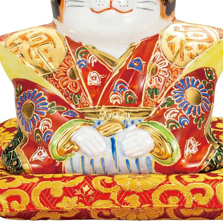 KUTANI WARE FUKUSUKE LUCKY CAT WITH MORI DECORATION & DECORATIVE CUSHION