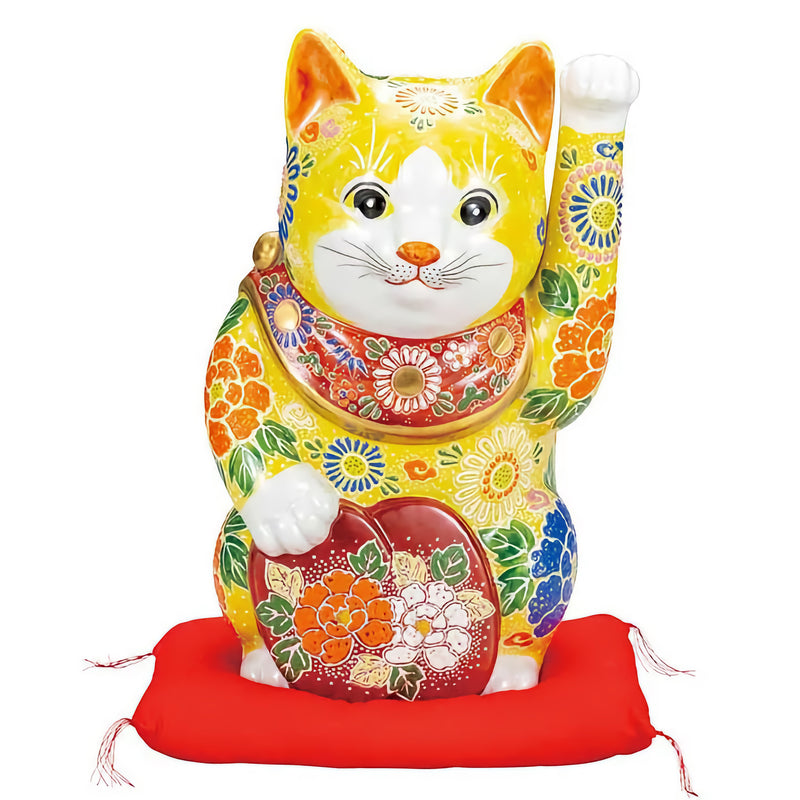KUTANI JAPANESE LUCKY CAT (MANEKI NEKO) HOLDING A KOBAN COIN WITH YELLOW DECORATION