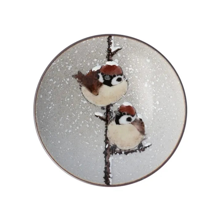JAPANESE KUTANI PORCELAIN SAKAZUKI “TWO SPARROWS IN SNOW” – HAND-PAINTED BY TOSHITO NAKAMURA, WITH WOODEN GIFT BOX