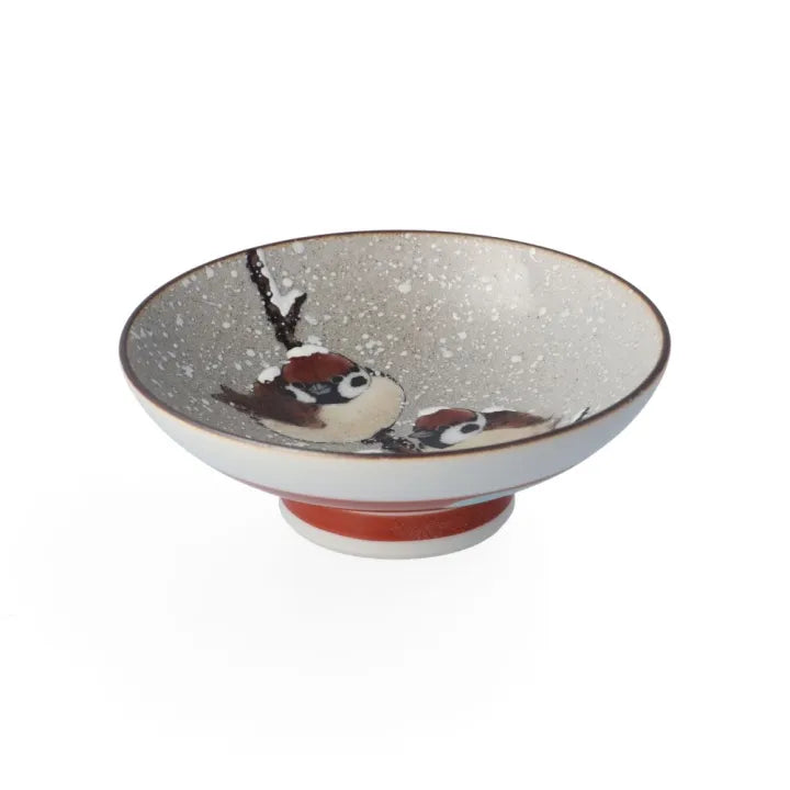 JAPANESE KUTANI PORCELAIN SAKAZUKI “TWO SPARROWS IN SNOW” – HAND-PAINTED BY TOSHITO NAKAMURA, WITH WOODEN GIFT BOX