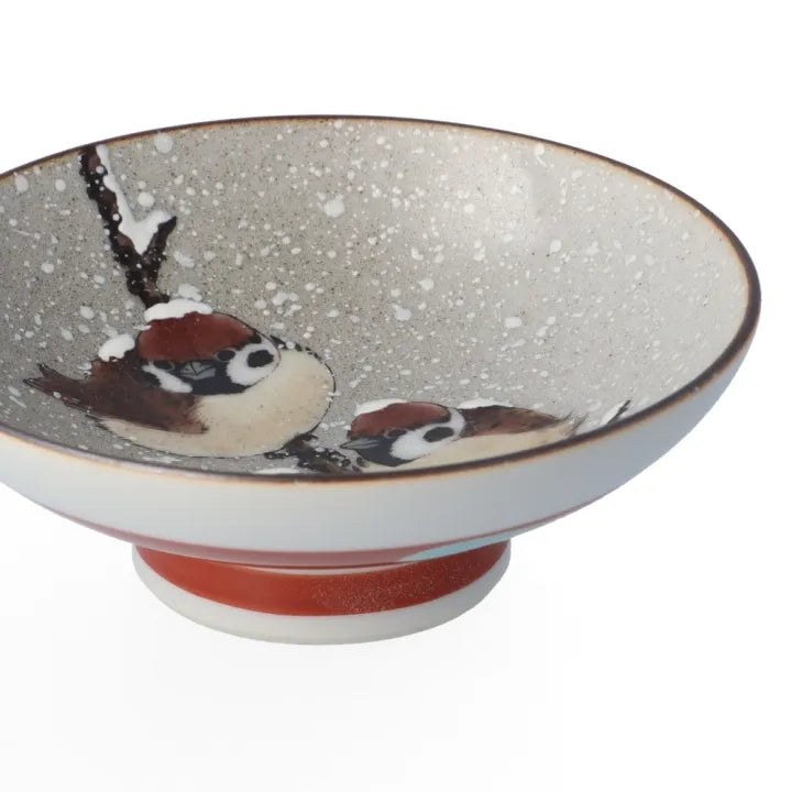 JAPANESE KUTANI PORCELAIN SAKAZUKI “TWO SPARROWS IN SNOW” – HAND-PAINTED BY TOSHITO NAKAMURA, WITH WOODEN GIFT BOX