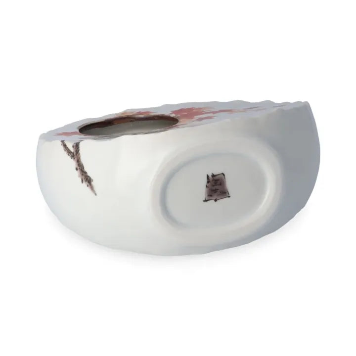 ROUND WINDOW DESIGN WITH THREE SPARROWS AND AUTUMN MAPLE LEAVES JAPANESE KUTANI FLOWER VASE / TOSHITO NAKAMURA